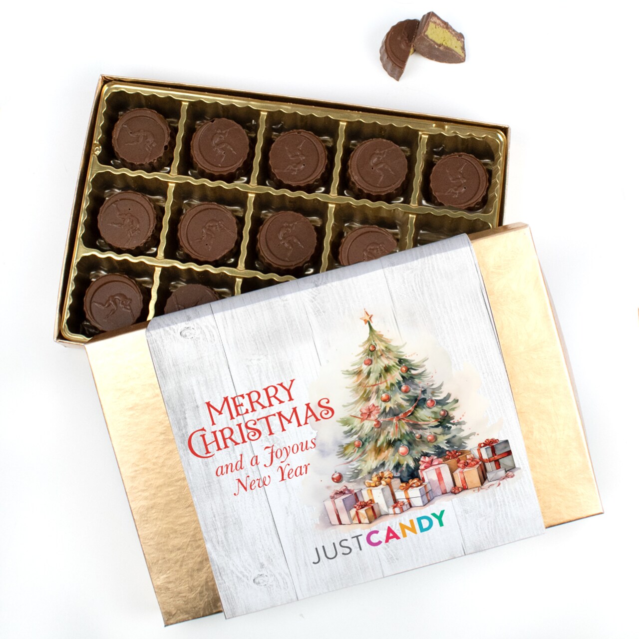 Merry Christmas Gold Gift Box Filled With 15 Dubai Chocolate Truffles For Holiday Party Favors, Gifting, Festive Event Giveaways & More - Christmas Tree